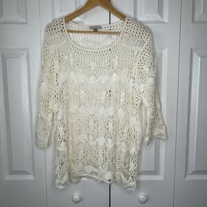 Crochet Ivory Women's XLarge Knit Top Cover Up Tunic‎ Long Sleeves